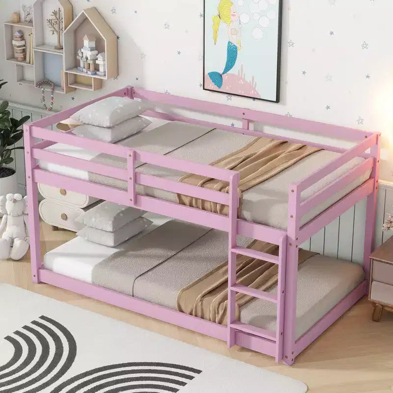 MATEERTY Solid Wooden, Twin Floor Bunk Bed wit Ladder, Upper and Bottom Bed Platforms Crafted with Stregthened Slats Pink