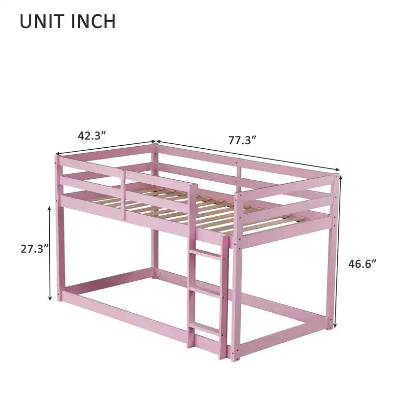 MATEERTY Solid Wooden, Twin Floor Bunk Bed wit Ladder, Upper and Bottom Bed Platforms Crafted with Stregthened Slats Pink