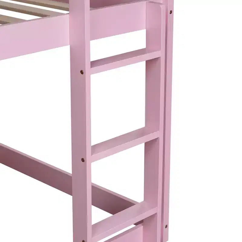 MATEERTY Solid Wooden, Twin Floor Bunk Bed wit Ladder, Upper and Bottom Bed Platforms Crafted with Stregthened Slats Pink