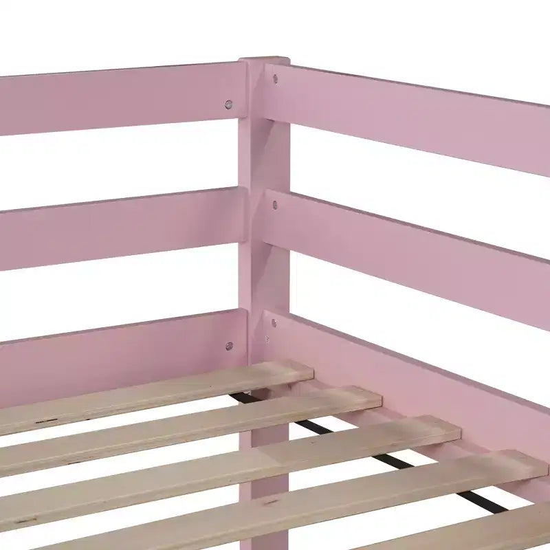 MATEERTY Solid Wooden, Twin Floor Bunk Bed wit Ladder, Upper and Bottom Bed Platforms Crafted with Stregthened Slats Pink