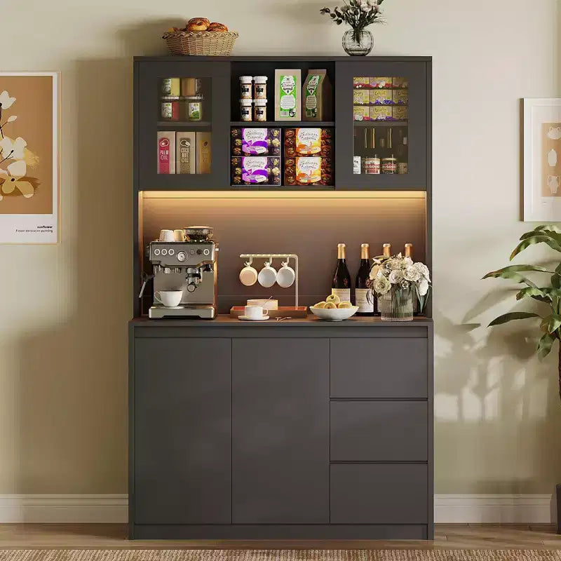 71 Tall Kitchen Pantry Cabinet with LED Lights & Power Outlets, Microwave Stand with Glass Door, Adjustable Shelves, 3 Drawers, Handless Design