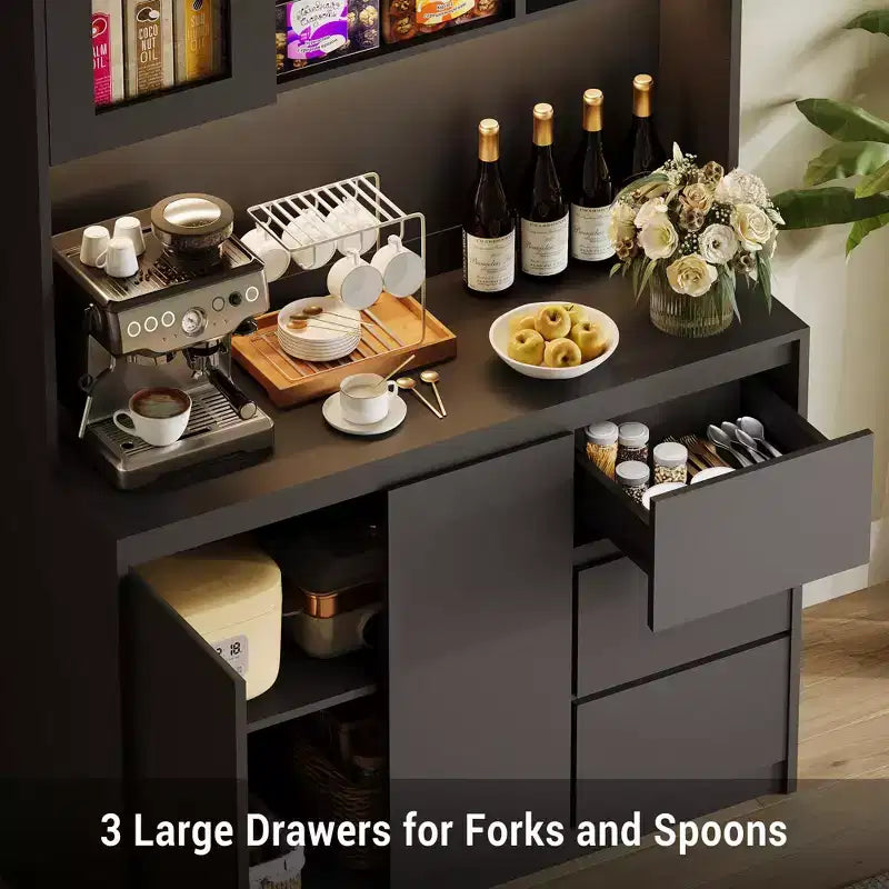 71 Tall Kitchen Pantry Cabinet with LED Lights & Power Outlets, Microwave Stand with Glass Door, Adjustable Shelves, 3 Drawers, Handless Design