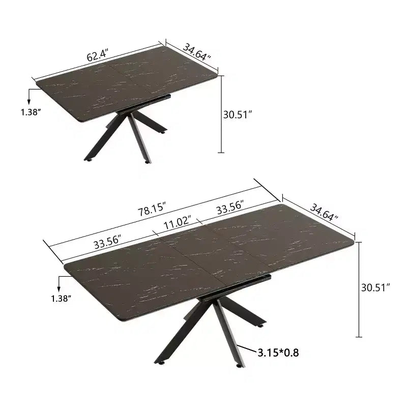 6278 Modern Extendable Dining Table with Black Metal Base, Rectangular Kitchen Table for Dining Room or Breakfast Area-Panipeachy