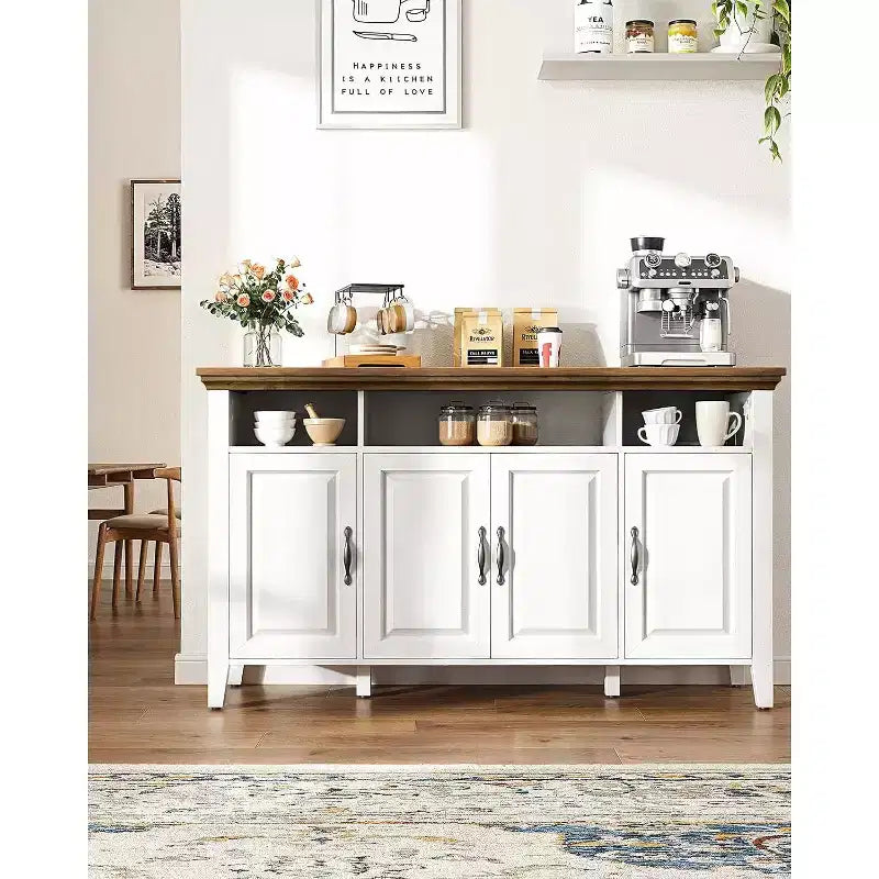 Amada Buffet Cabinet with Storage, 55 In Large Sideboard Storage Cabinet with Adjustable Shelves, 4 Doors, Modern Farmhouse Coffee Bar Cabinet