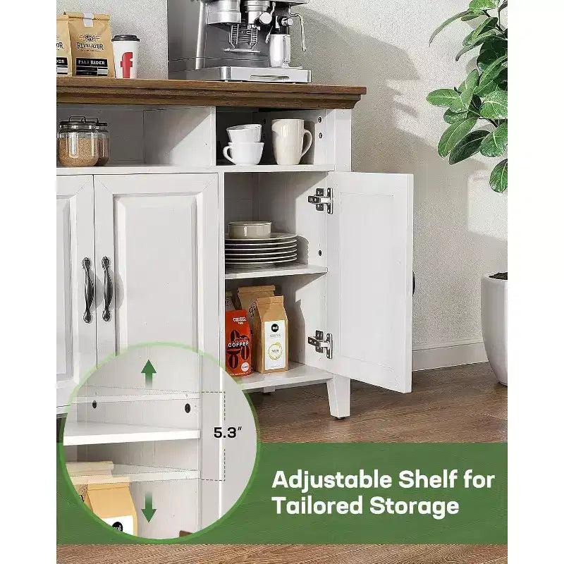 Amada Buffet Cabinet with Storage, 55 In Large Sideboard Storage Cabinet with Adjustable Shelves, 4 Doors, Modern Farmhouse Coffee Bar Cabinet