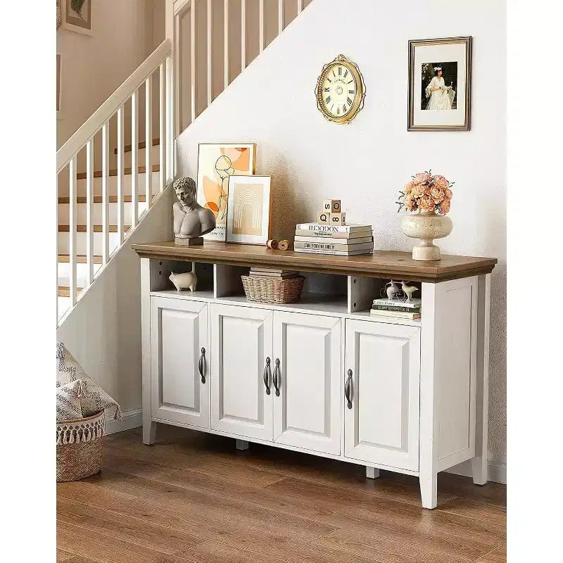 Amada Buffet Cabinet with Storage, 55 In Large Sideboard Storage Cabinet with Adjustable Shelves, 4 Doors, Modern Farmhouse Coffee Bar Cabinet