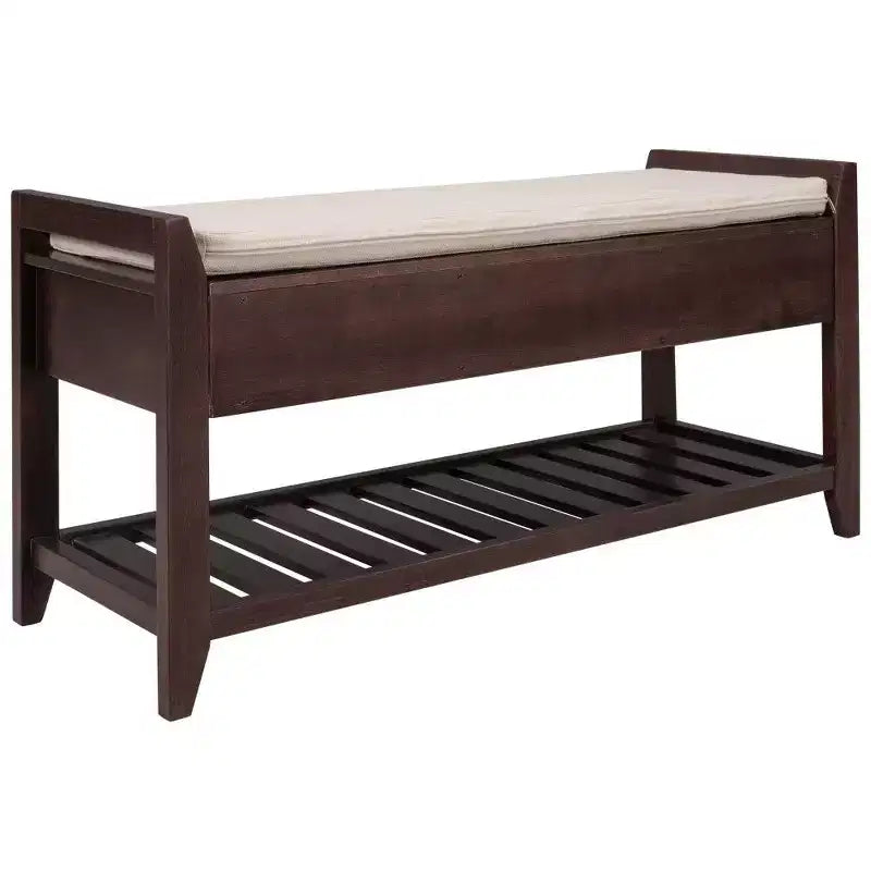 TUYOHW Solid Wood Shoe Storage Bench with 2 Drawers & Cushion,Multipurpose Entryway Organizer with Grid Rack Base,Espresso