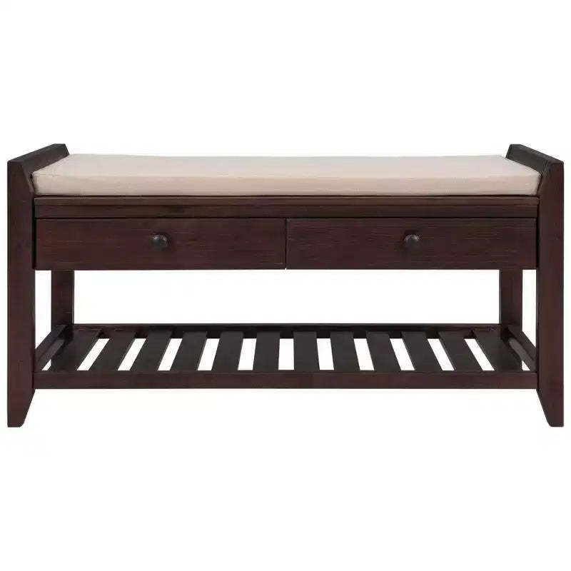 TUYOHW Solid Wood Shoe Storage Bench with 2 Drawers & Cushion,Multipurpose Entryway Organizer with Grid Rack Base,Espresso