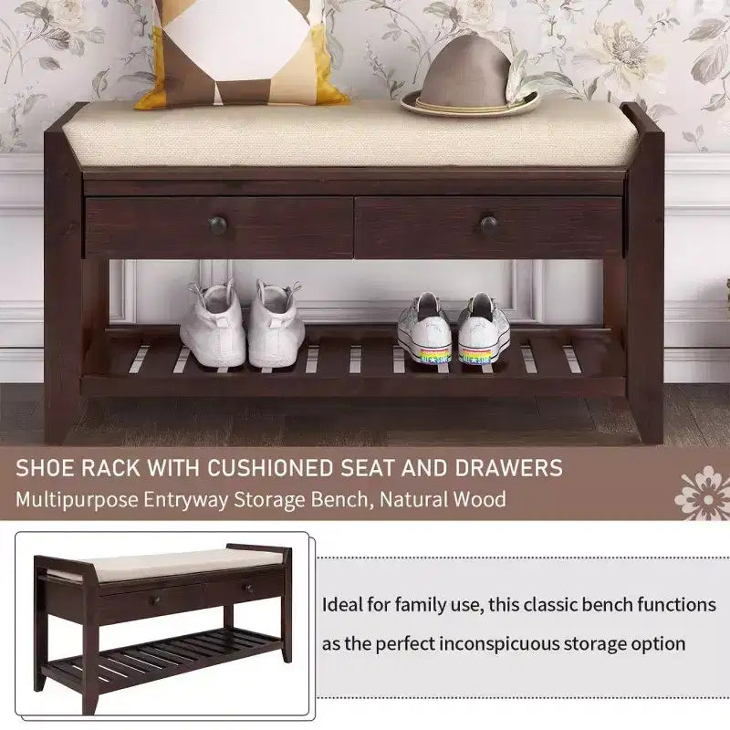 TUYOHW Solid Wood Shoe Storage Bench with 2 Drawers & Cushion,Multipurpose Entryway Organizer with Grid Rack Base,Espresso