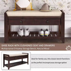 TUYOHW Solid Wood Shoe Storage Bench with 2 Drawers & Cushion,Multipurpose Entryway Organizer with Grid Rack Base,Espresso