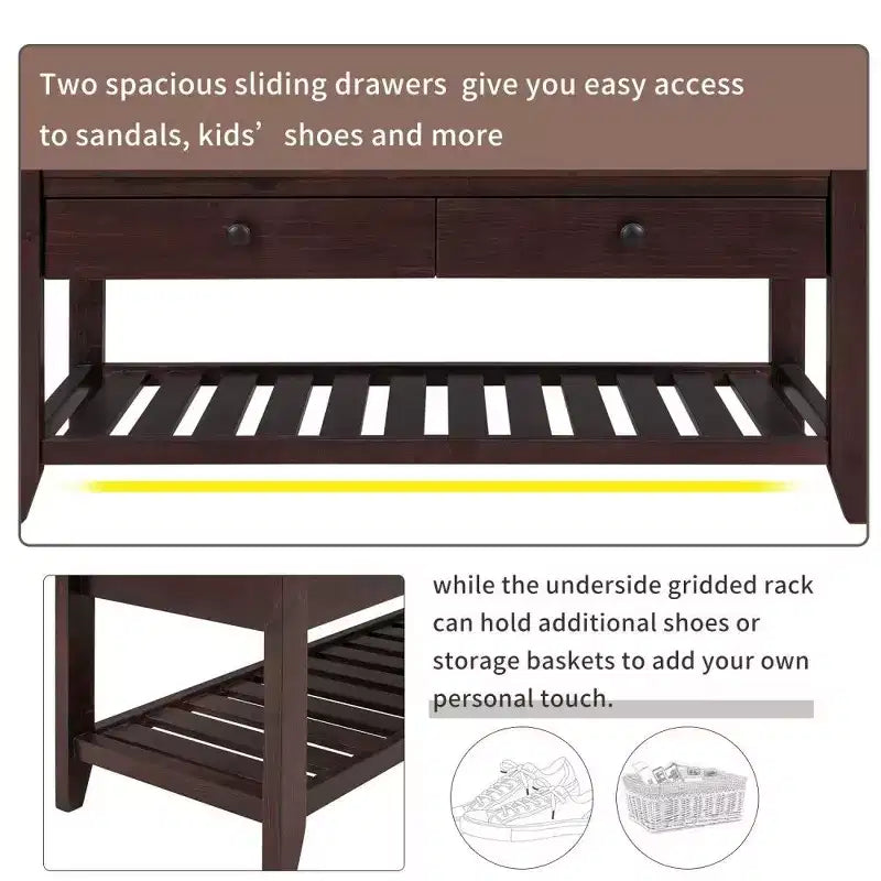 TUYOHW Solid Wood Shoe Storage Bench with 2 Drawers & Cushion,Multipurpose Entryway Organizer with Grid Rack Base,Espresso