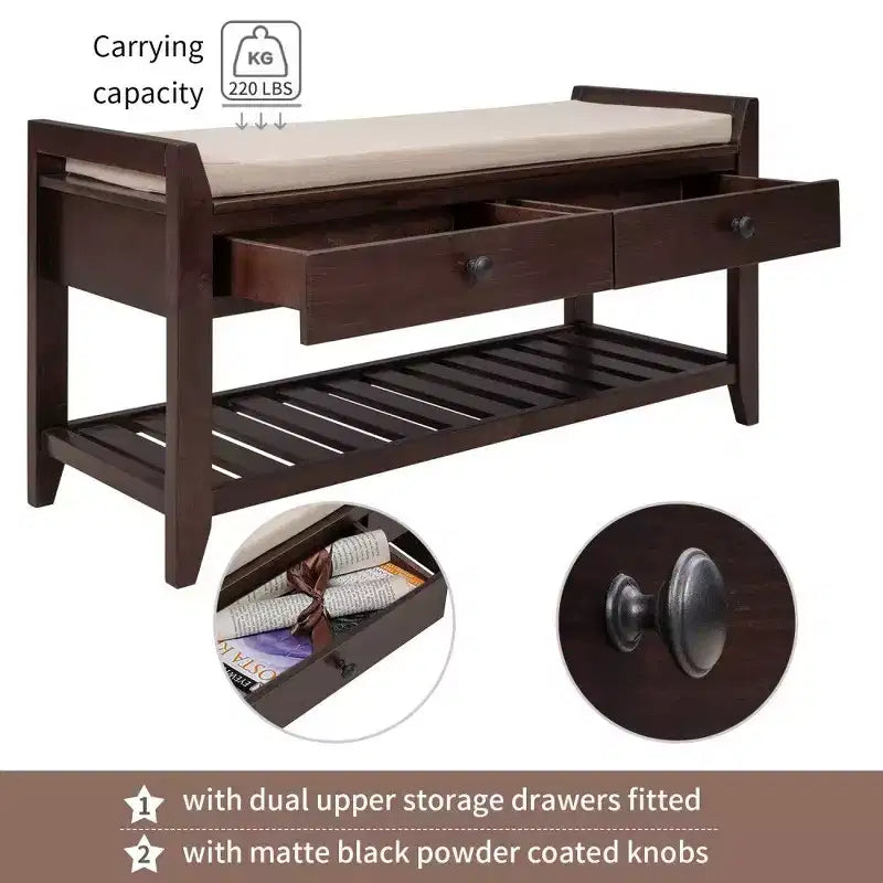 TUYOHW Solid Wood Shoe Storage Bench with 2 Drawers & Cushion,Multipurpose Entryway Organizer with Grid Rack Base,Espresso