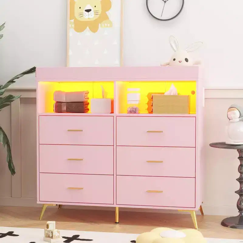 COZONY Dresser for Bedroom with Changing Table Top, 6 Drawer Baby Changing Table Dresser with Open Shelves