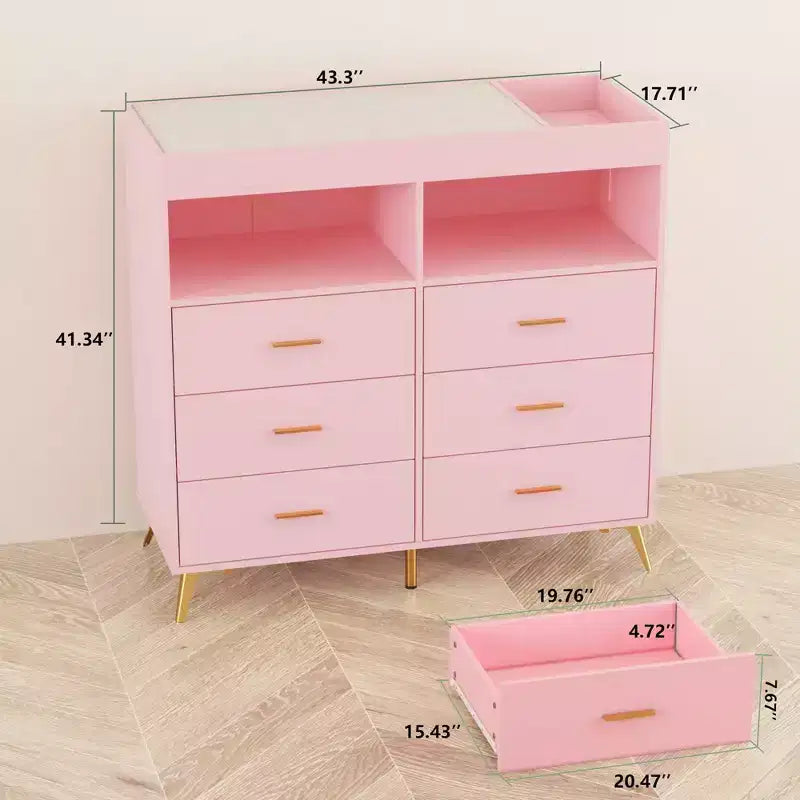 COZONY Dresser for Bedroom with Changing Table Top, 6 Drawer Baby Changing Table Dresser with Open Shelves
