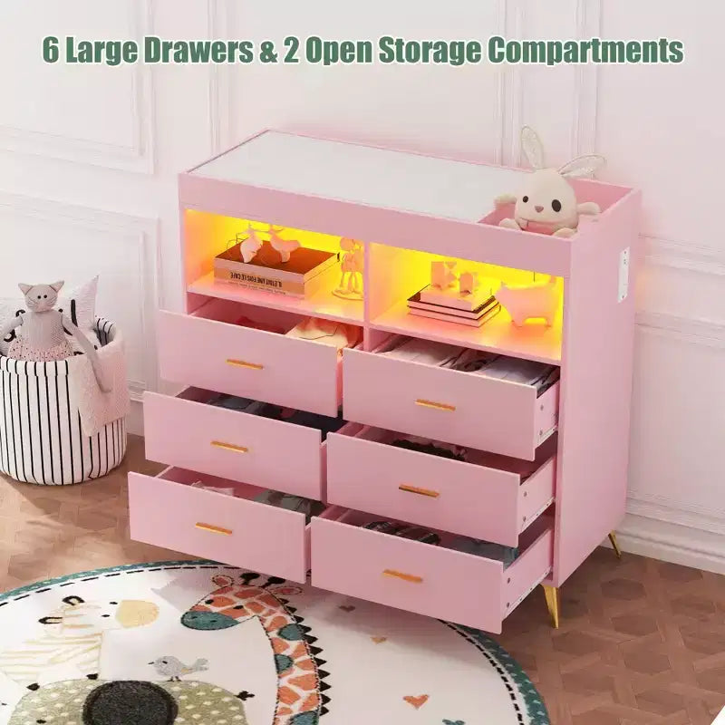 COZONY Dresser for Bedroom with Changing Table Top, 6 Drawer Baby Changing Table Dresser with Open Shelves