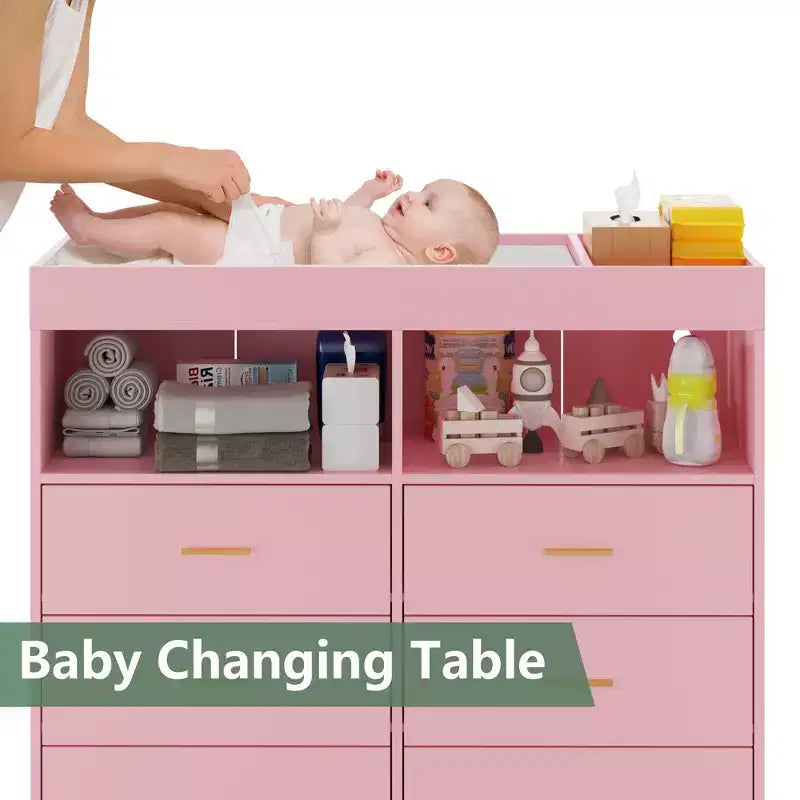 COZONY Dresser for Bedroom with Changing Table Top, 6 Drawer Baby Changing Table Dresser with Open Shelves