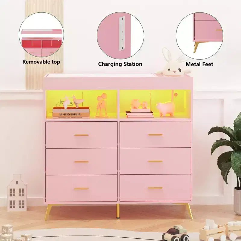 COZONY Dresser for Bedroom with Changing Table Top, 6 Drawer Baby Changing Table Dresser with Open Shelves