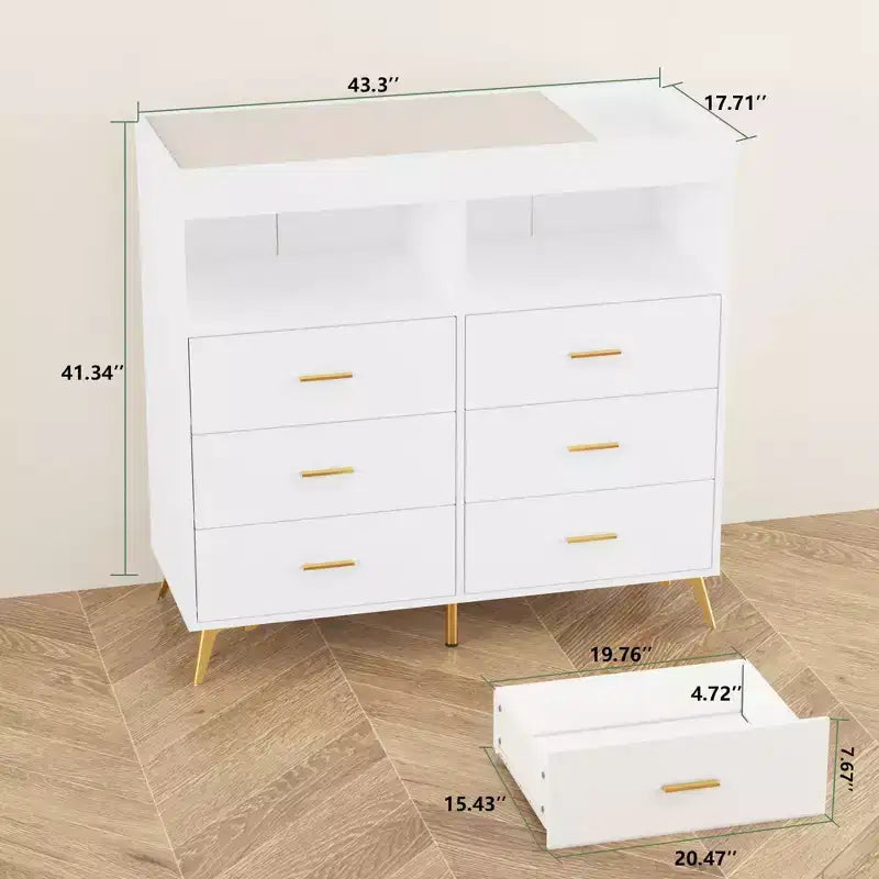 COZONY Dresser for Bedroom with Changing Table Top, 6 Drawer Baby Changing Table Dresser with Open Shelves