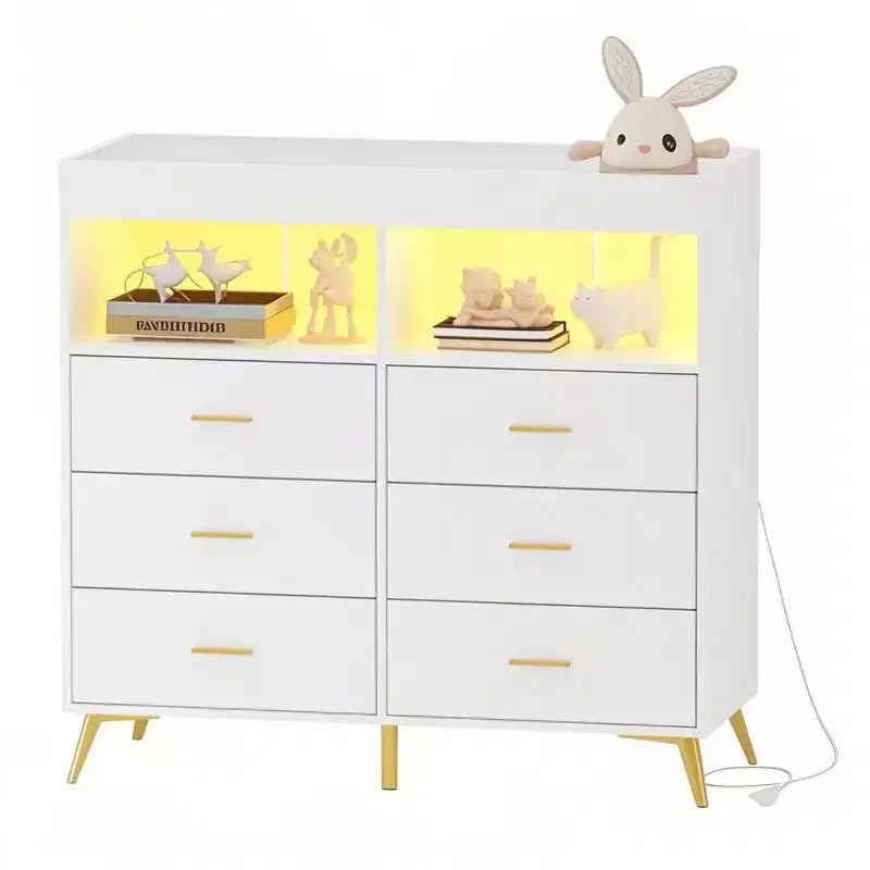COZONY Dresser for Bedroom with Changing Table Top, 6 Drawer Baby Changing Table Dresser with Open Shelves