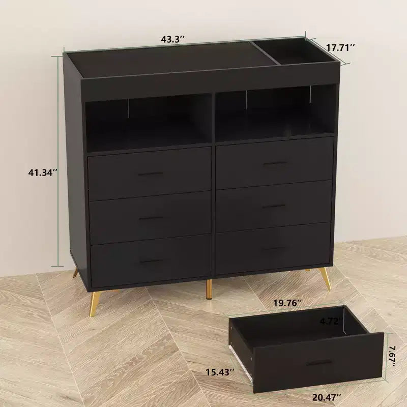 COZONY Dresser for Bedroom with Changing Table Top, 6 Drawer Baby Changing Table Dresser with Open Shelves