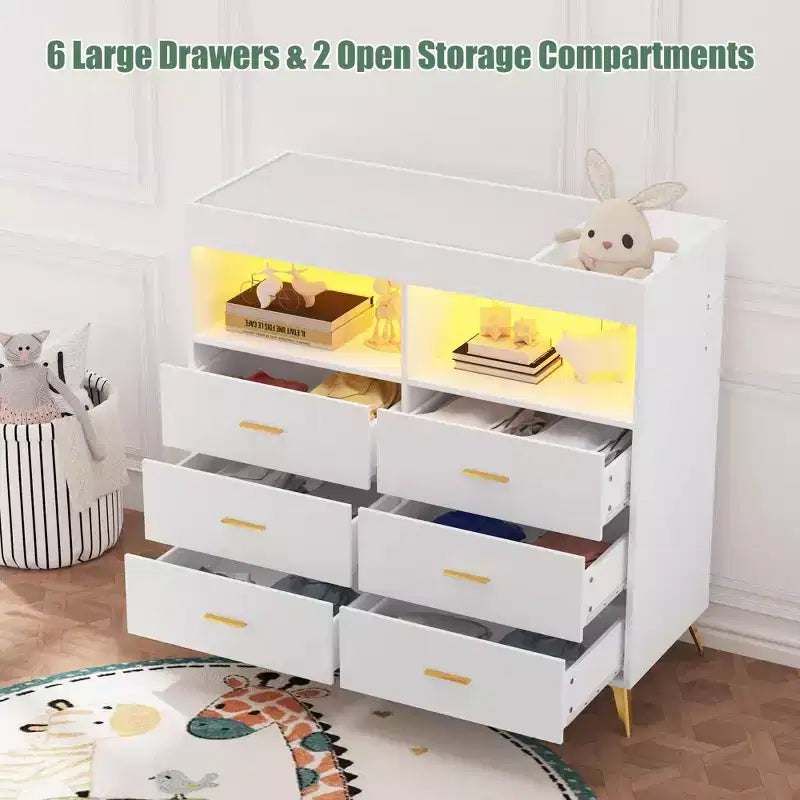 COZONY Dresser for Bedroom with Changing Table Top, 6 Drawer Baby Changing Table Dresser with Open Shelves