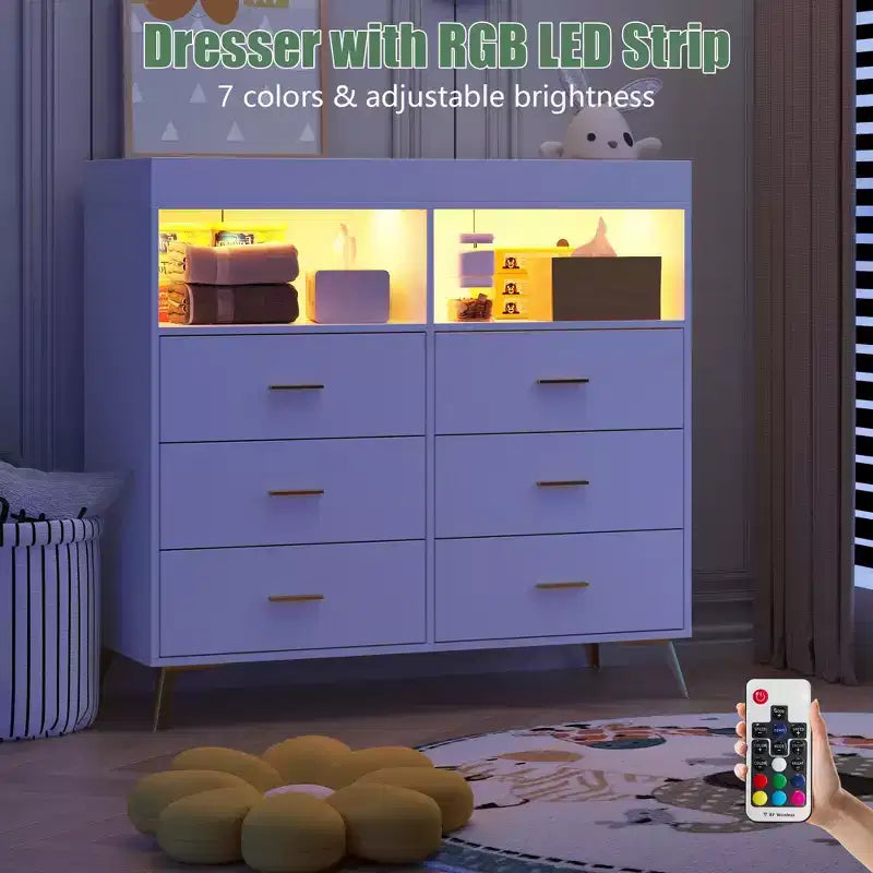 COZONY Dresser for Bedroom with Changing Table Top, 6 Drawer Baby Changing Table Dresser with Open Shelves