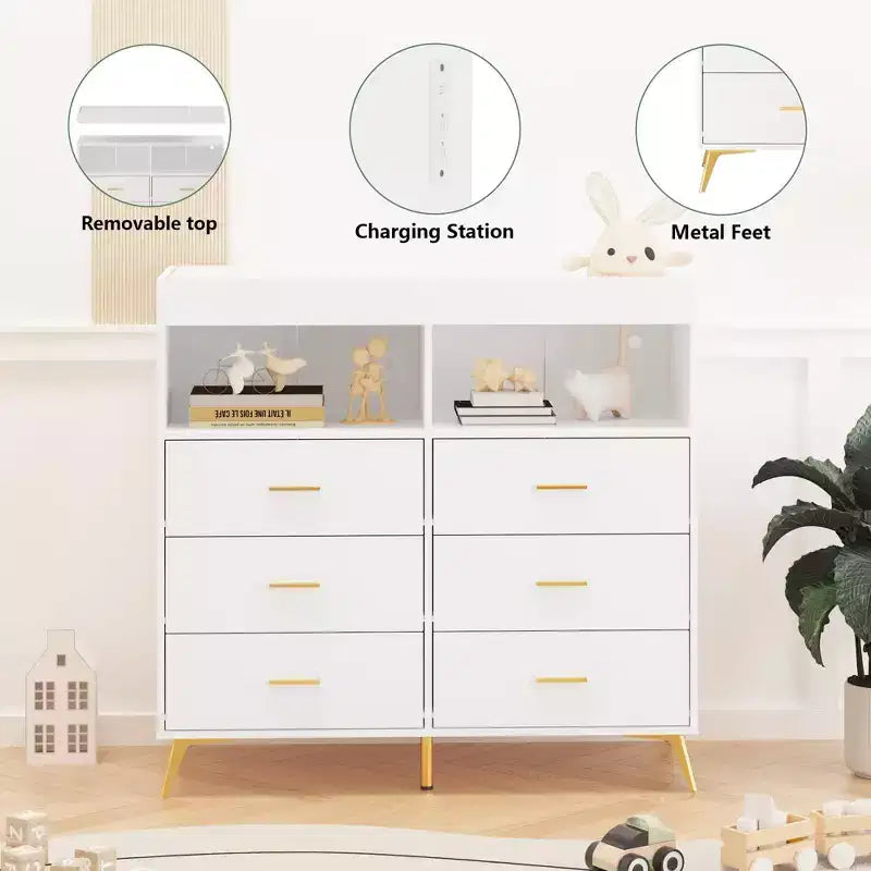 COZONY Dresser for Bedroom with Changing Table Top, 6 Drawer Baby Changing Table Dresser with Open Shelves