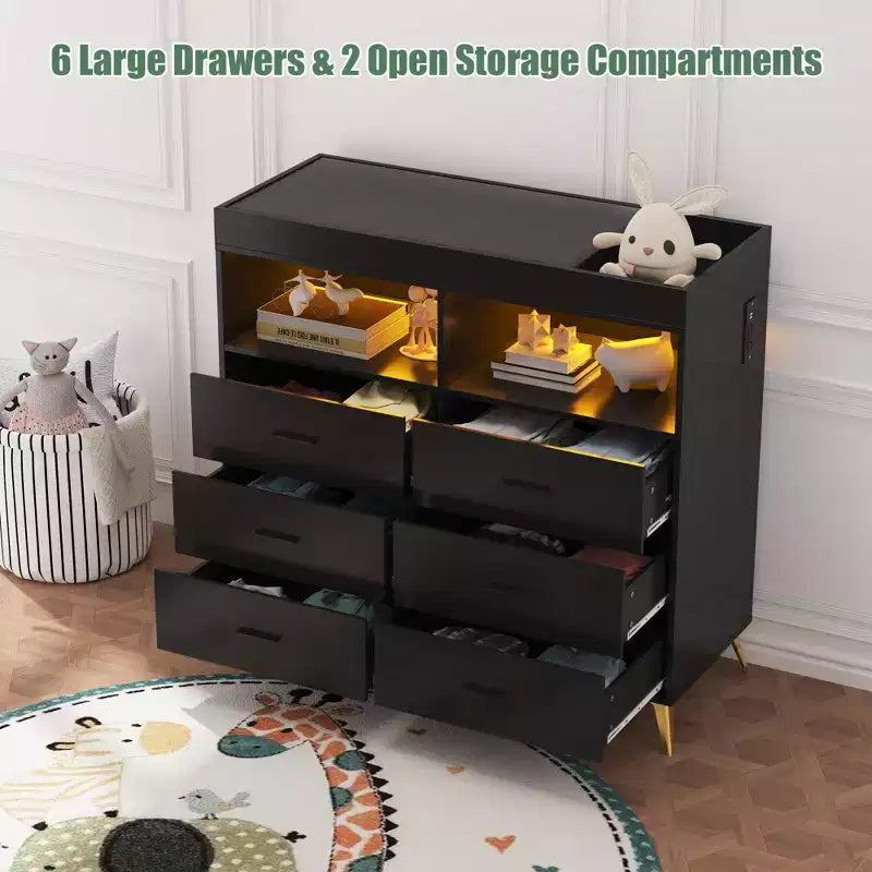 COZONY Dresser for Bedroom with Changing Table Top, 6 Drawer Baby Changing Table Dresser with Open Shelves