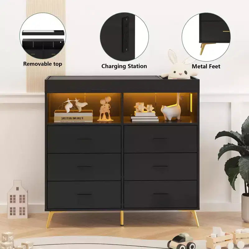 COZONY Dresser for Bedroom with Changing Table Top, 6 Drawer Baby Changing Table Dresser with Open Shelves