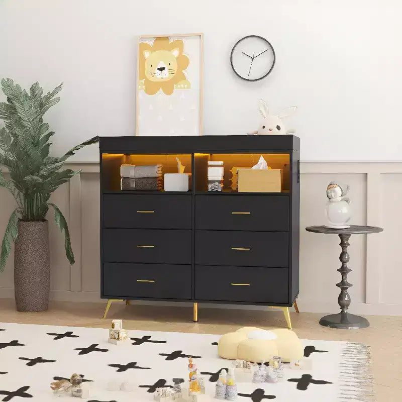 COZONY Dresser for Bedroom with Changing Table Top, 6 Drawer Baby Changing Table Dresser with Open Shelves