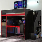 GDFStudio Barnes Gaming Loft Bed with Desk and Storage, LED Lights
