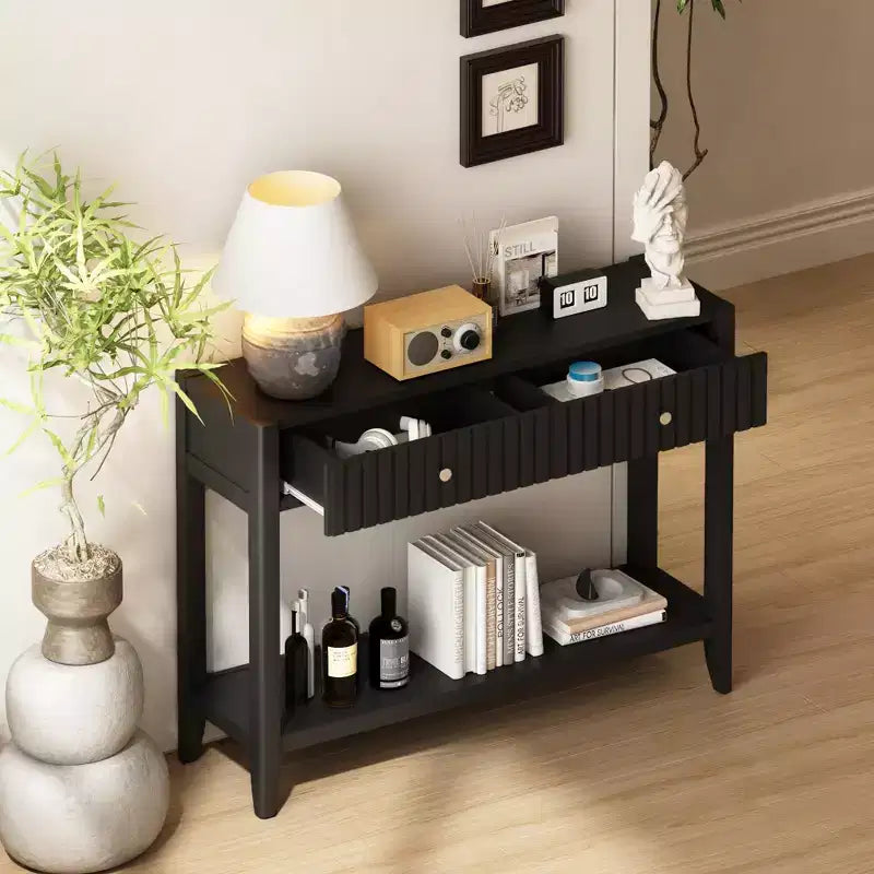 Console Table Entryway Table Sofa Side Table Storage Accent Table with Drawers & Shelf, Black - ModernLuxe