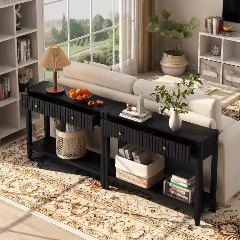 Console Table Entryway Table Sofa Side Table Storage Accent Table with Drawers & Shelf, Black - ModernLuxe