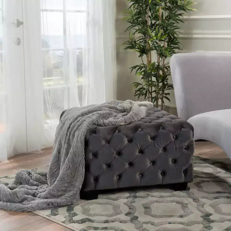 Okak Velvet Ottoman with Button-Tufted Diamond Stitch, Square Entryway Bench with Smooth Touch, Foot Stools Ottoman for Living Room
