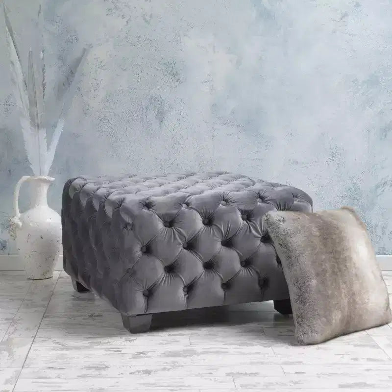 Okak Velvet Ottoman with Button-Tufted Diamond Stitch, Square Entryway Bench with Smooth Touch, Foot Stools Ottoman for Living Room