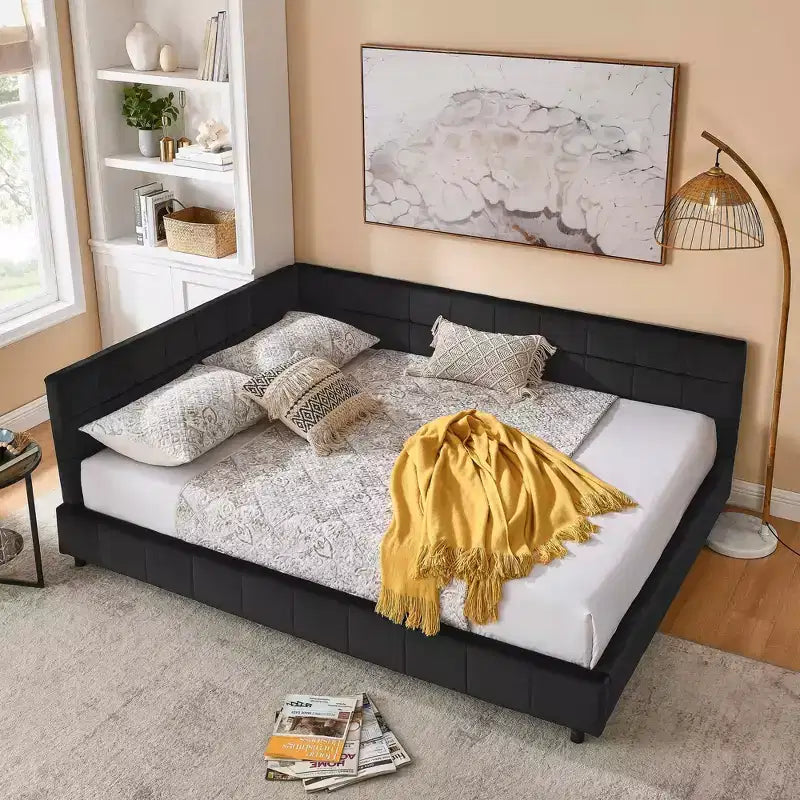 MAYEERTY Queen Size Upholstered Tufted Bed Frame with Backrest and Armrests Velvet for Bedroom Black