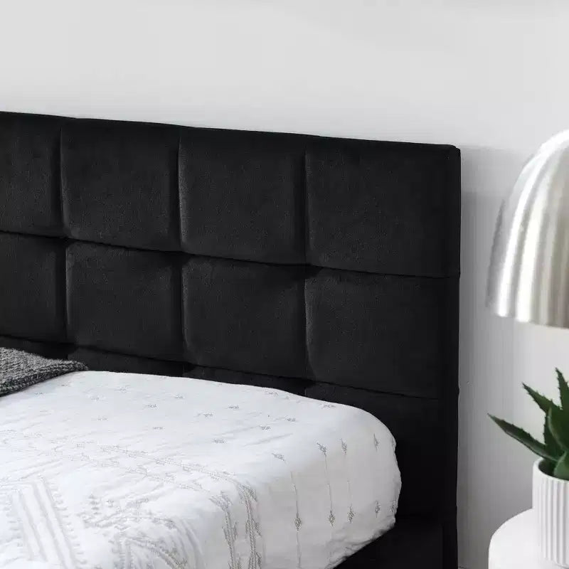 MAYEERTY Queen Size Upholstered Tufted Bed Frame with Backrest and Armrests Velvet for Bedroom Black