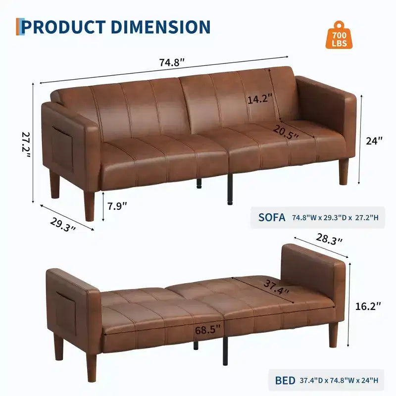75 in Futon Sofa Bed, Convertible Sleeper, Faux Leather Small Couch, Loveseat, Mid-Century Modern Couch for Living Room, Bedroom
