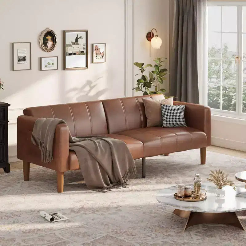75 in Futon Sofa Bed, Convertible Sleeper, Faux Leather Small Couch, Loveseat, Mid-Century Modern Couch for Living Room, Bedroom