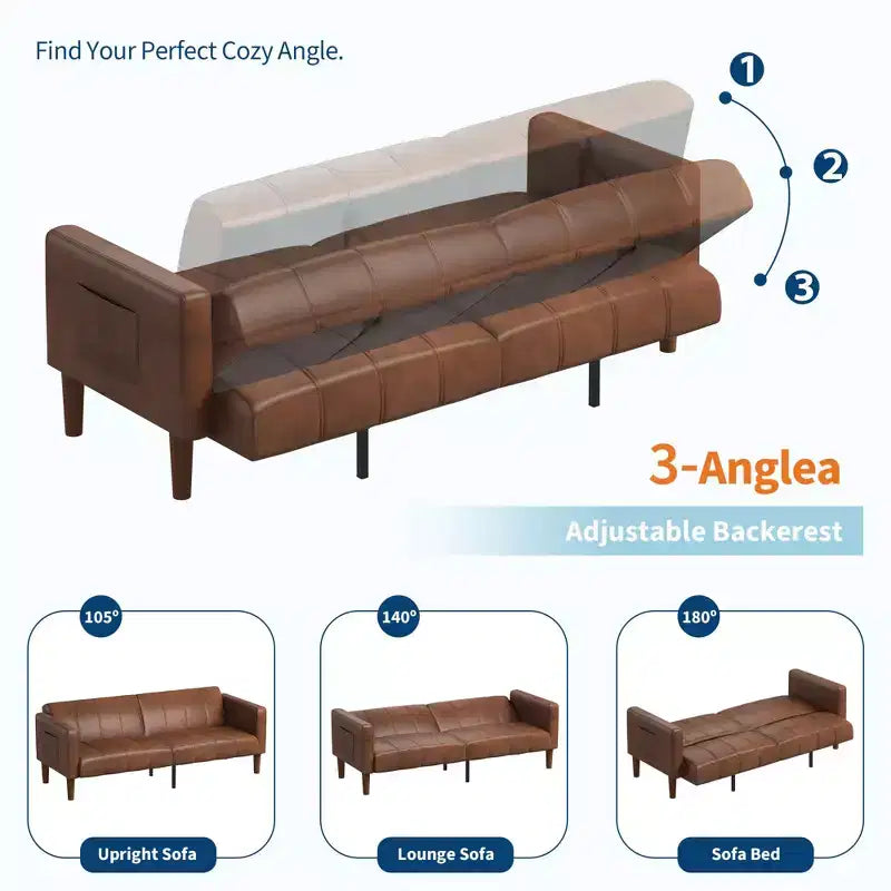 75 in Futon Sofa Bed, Convertible Sleeper, Faux Leather Small Couch, Loveseat, Mid-Century Modern Couch for Living Room, Bedroom