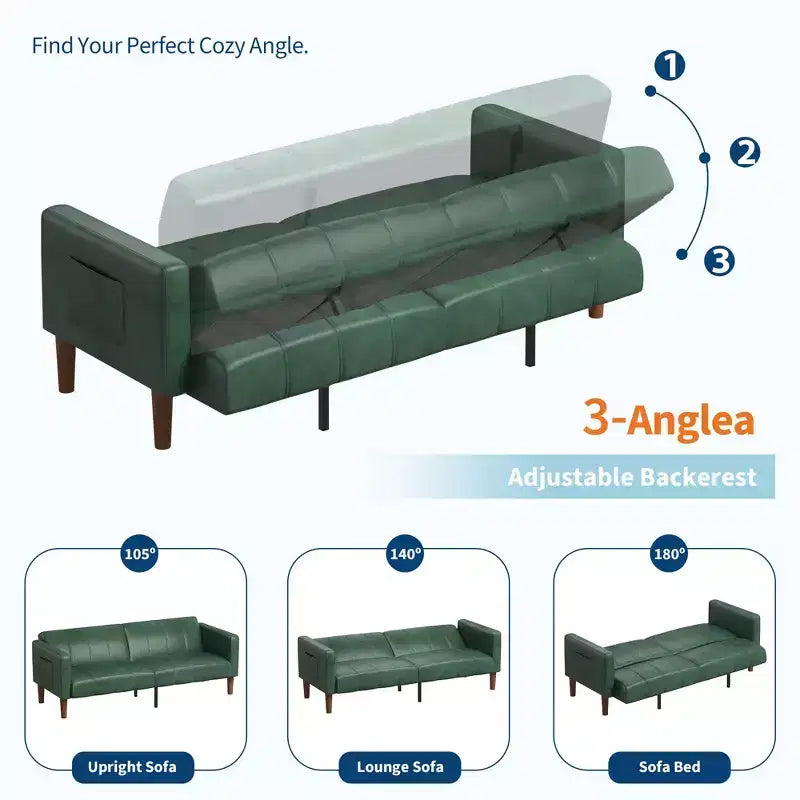 75 in Futon Sofa Bed, Convertible Sleeper, Faux Leather Small Couch, Loveseat, Mid-Century Modern Couch for Living Room, Bedroom