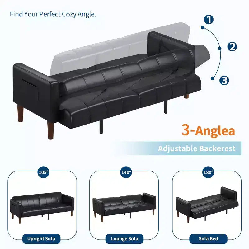 75 in Futon Sofa Bed, Convertible Sleeper, Faux Leather Small Couch, Loveseat, Mid-Century Modern Couch for Living Room, Bedroom
