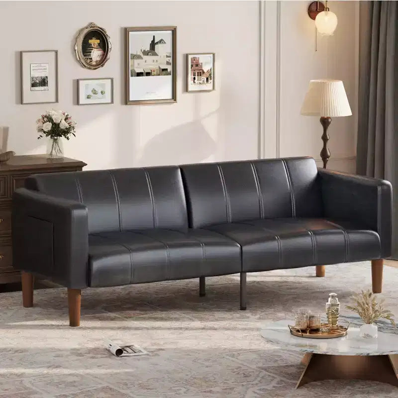 75 in Futon Sofa Bed, Convertible Sleeper, Faux Leather Small Couch, Loveseat, Mid-Century Modern Couch for Living Room, Bedroom