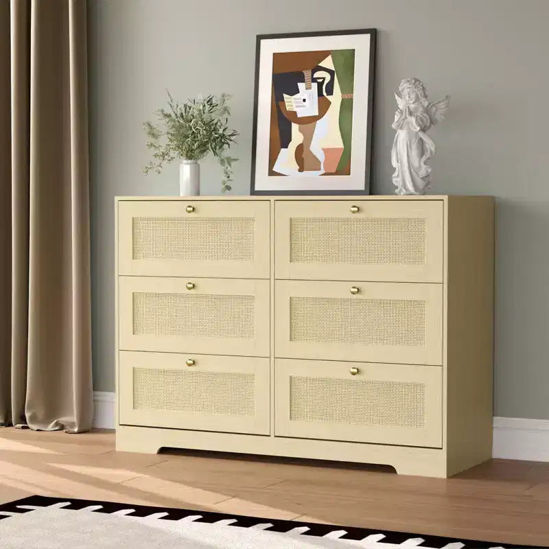 COZONY Modern 6-Drawer Boho Dresser with Solid Wood Legs, Long Storage Chest for Bedroom & Living Room