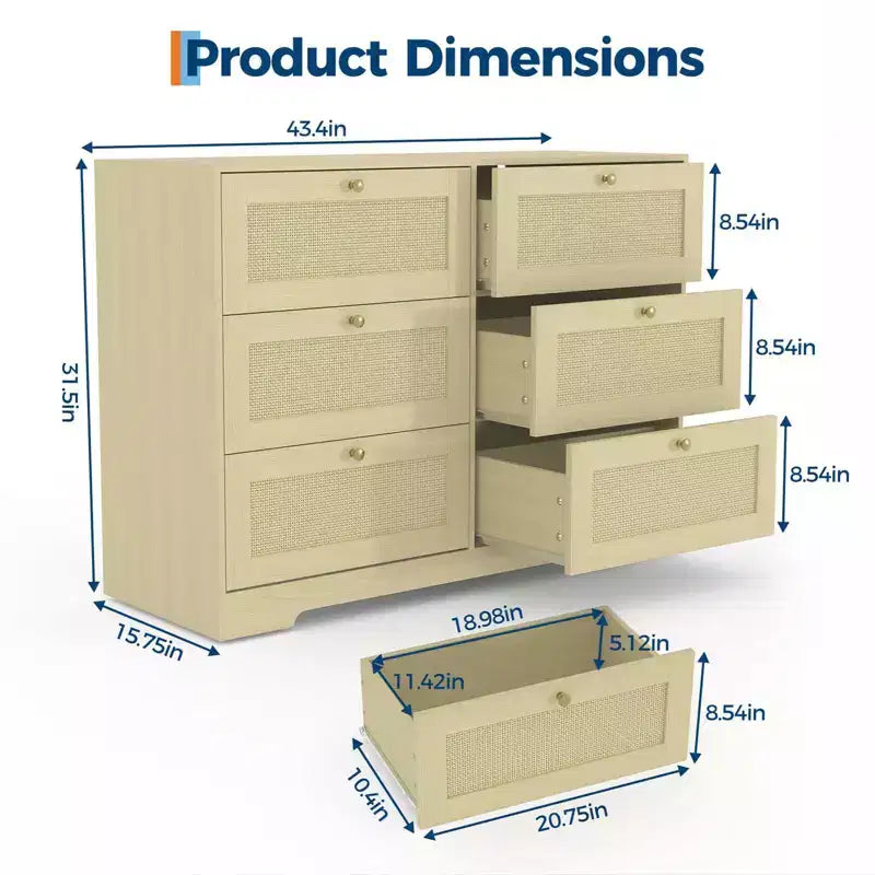 COZONY Modern 6-Drawer Boho Dresser with Solid Wood Legs, Long Storage Chest for Bedroom & Living Room
