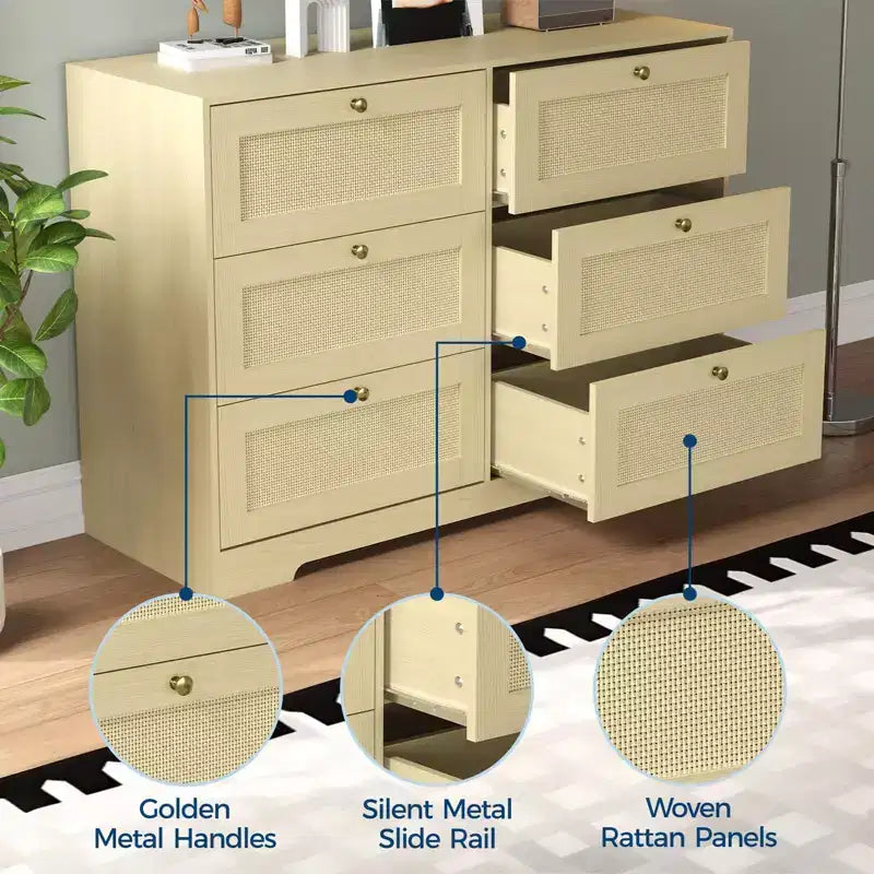 COZONY Modern 6-Drawer Boho Dresser with Solid Wood Legs, Long Storage Chest for Bedroom & Living Room