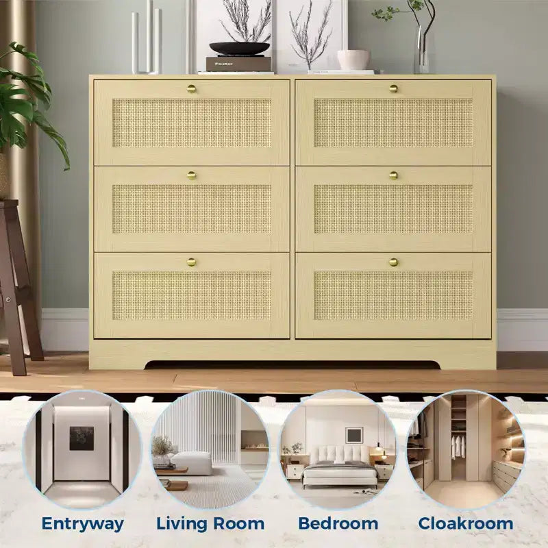 COZONY Modern 6-Drawer Boho Dresser with Solid Wood Legs, Long Storage Chest for Bedroom & Living Room