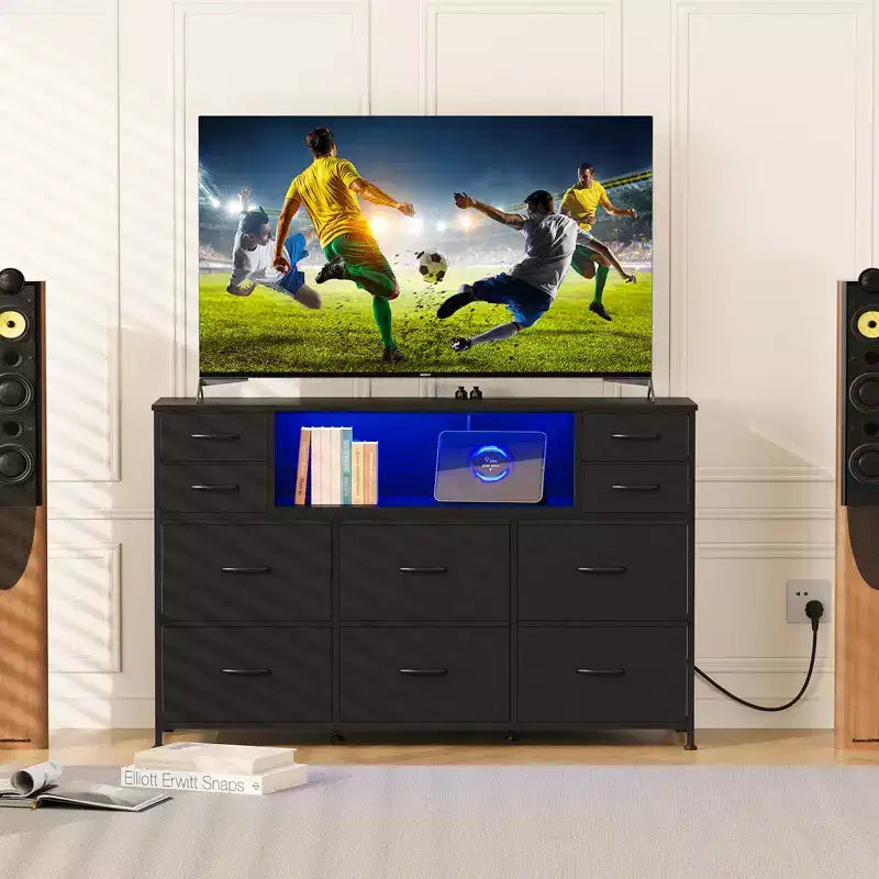 10 Fabric Drawers Dresser, Entertainment Center TV Stand with Power Outlet & LED Light for 45-55 TV, Chest of Drawers with Wood Top for Bedroom