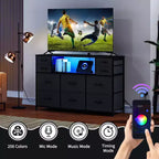 10 Fabric Drawers Dresser, Entertainment Center TV Stand with Power Outlet & LED Light for 45-55 TV, Chest of Drawers with Wood Top for Bedroom