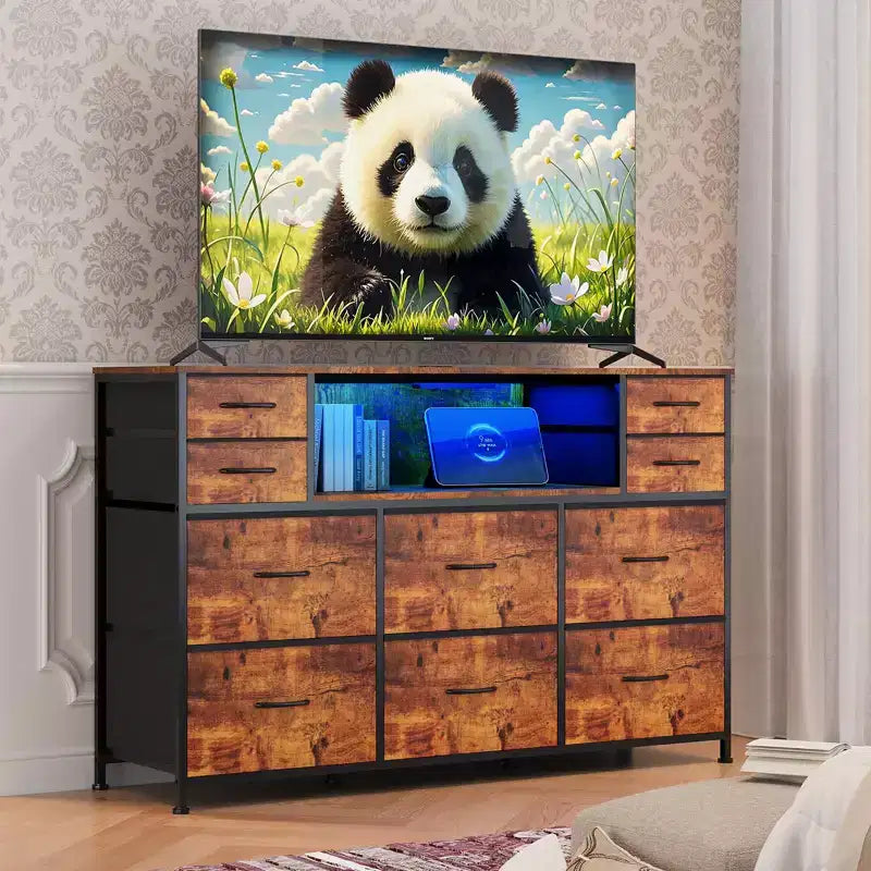 10 Fabric Drawers Dresser, Entertainment Center TV Stand with Power Outlet & LED Light for 45-55 TV, Chest of Drawers with Wood Top for Bedroom